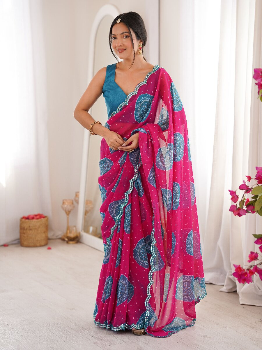 Pink Georgette Bandhani Printed Mirror Cut Work Wedding Reception Party Festival Casual Heavy Border Sarees