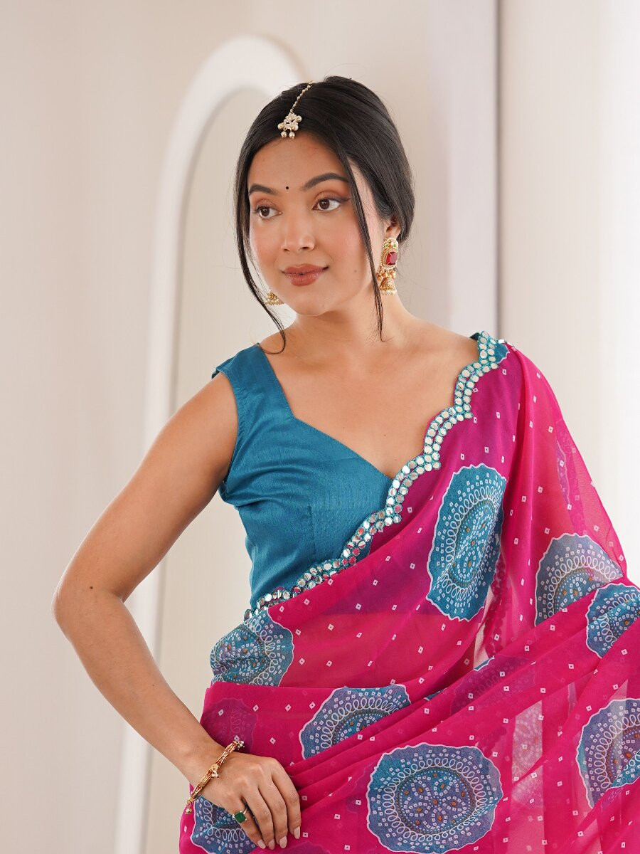 Pink Georgette Bandhani Printed Mirror Cut Work Wedding Reception Party Festival Casual Heavy Border Sarees