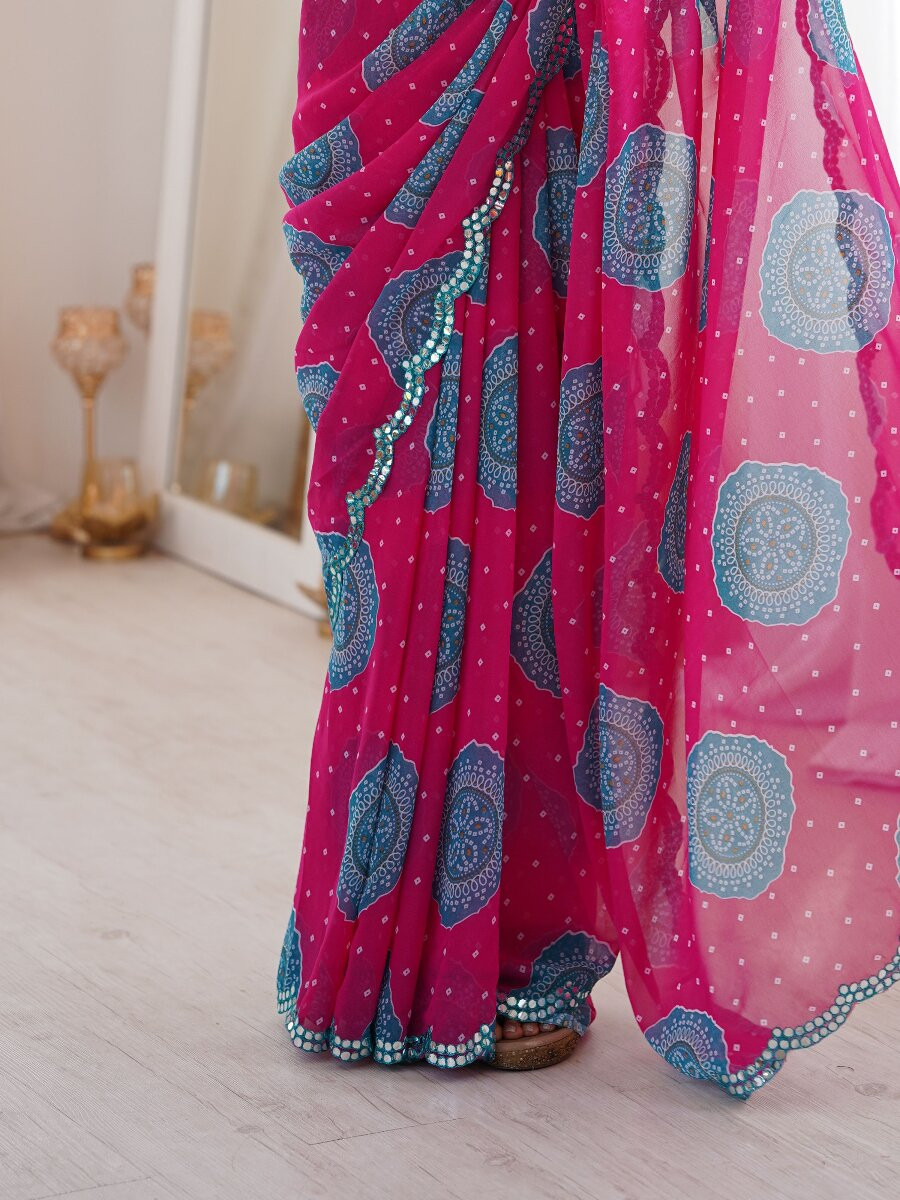 Pink Georgette Bandhani Printed Mirror Cut Work Wedding Reception Party Festival Casual Heavy Border Sarees