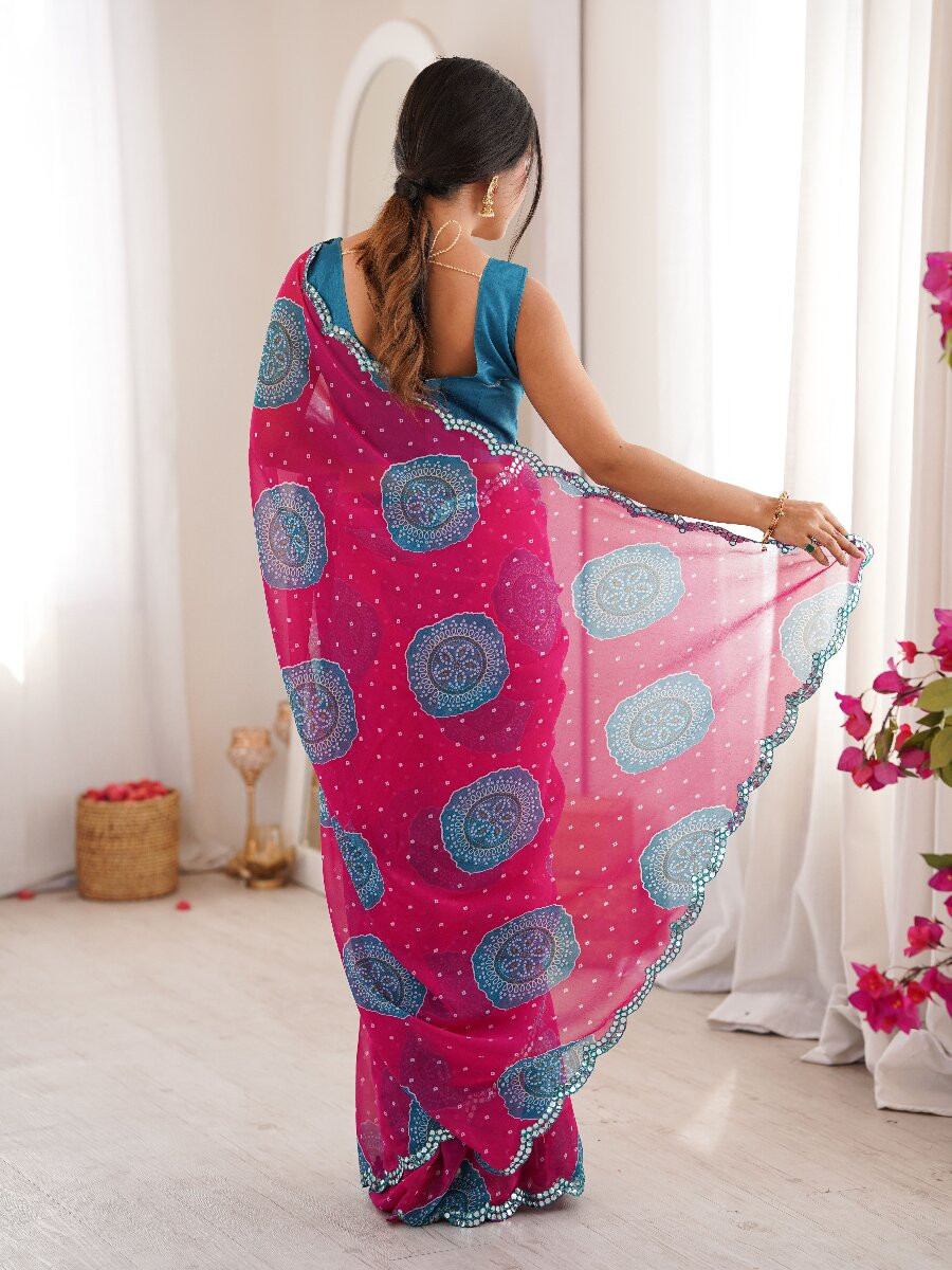 Pink Georgette Bandhani Printed Mirror Cut Work Wedding Reception Party Festival Casual Heavy Border Sarees