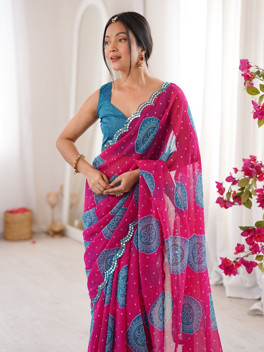 Pink Georgette Bandhani Printed Mirror Cut Work Wedding Reception Party Festival Casual Heavy Border Sarees