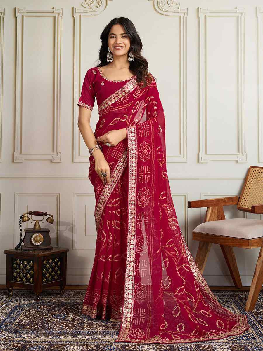 Pink Georgette Bhandej Print with Embroidery Party Bridal Reception Festival Wedding Fancy Heavy Border Saree