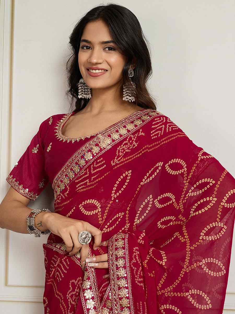 Pink Georgette Bhandej Print with Embroidery Party Bridal Reception Festival Wedding Fancy Heavy Border Saree