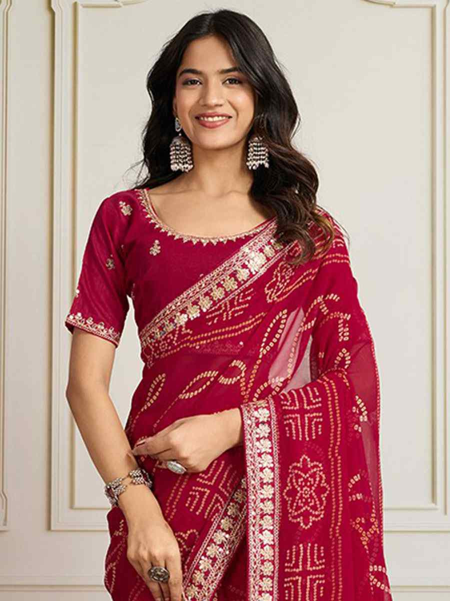 Pink Georgette Bhandej Print with Embroidery Party Bridal Reception Festival Wedding Fancy Heavy Border Saree