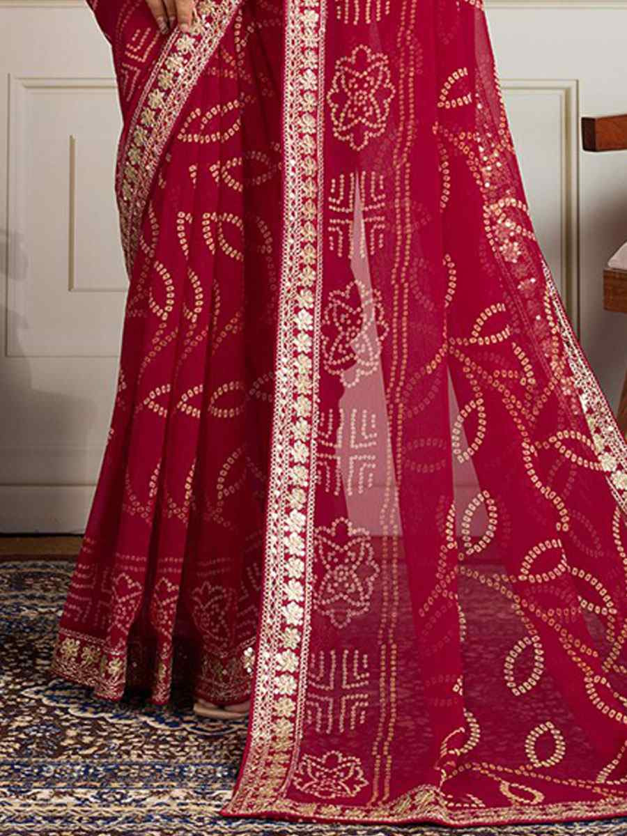 Pink Georgette Bhandej Print with Embroidery Party Bridal Reception Festival Wedding Fancy Heavy Border Saree
