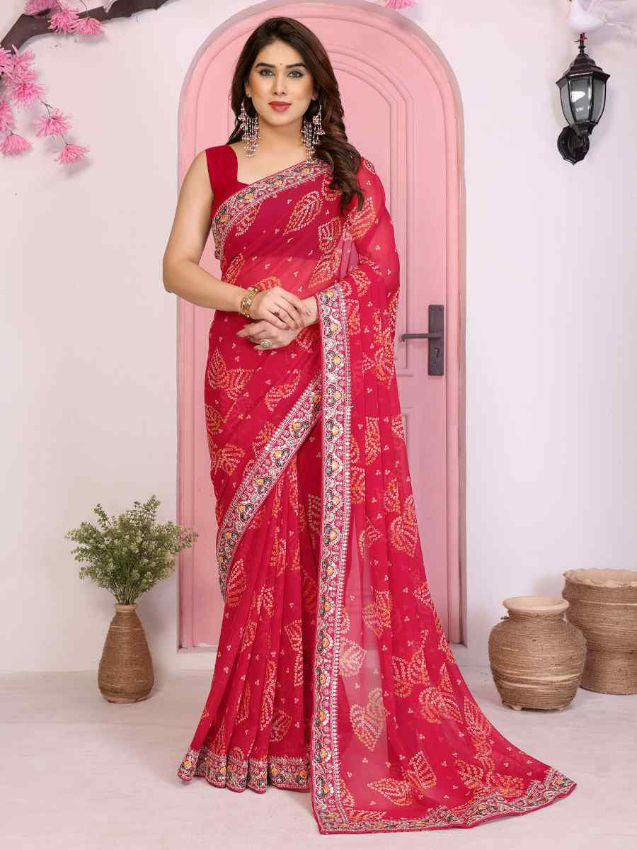 Pink Georgette Bhandej Print with Embroidery Party Bridal Reception Festival Wedding Fancy Heavy Border Saree