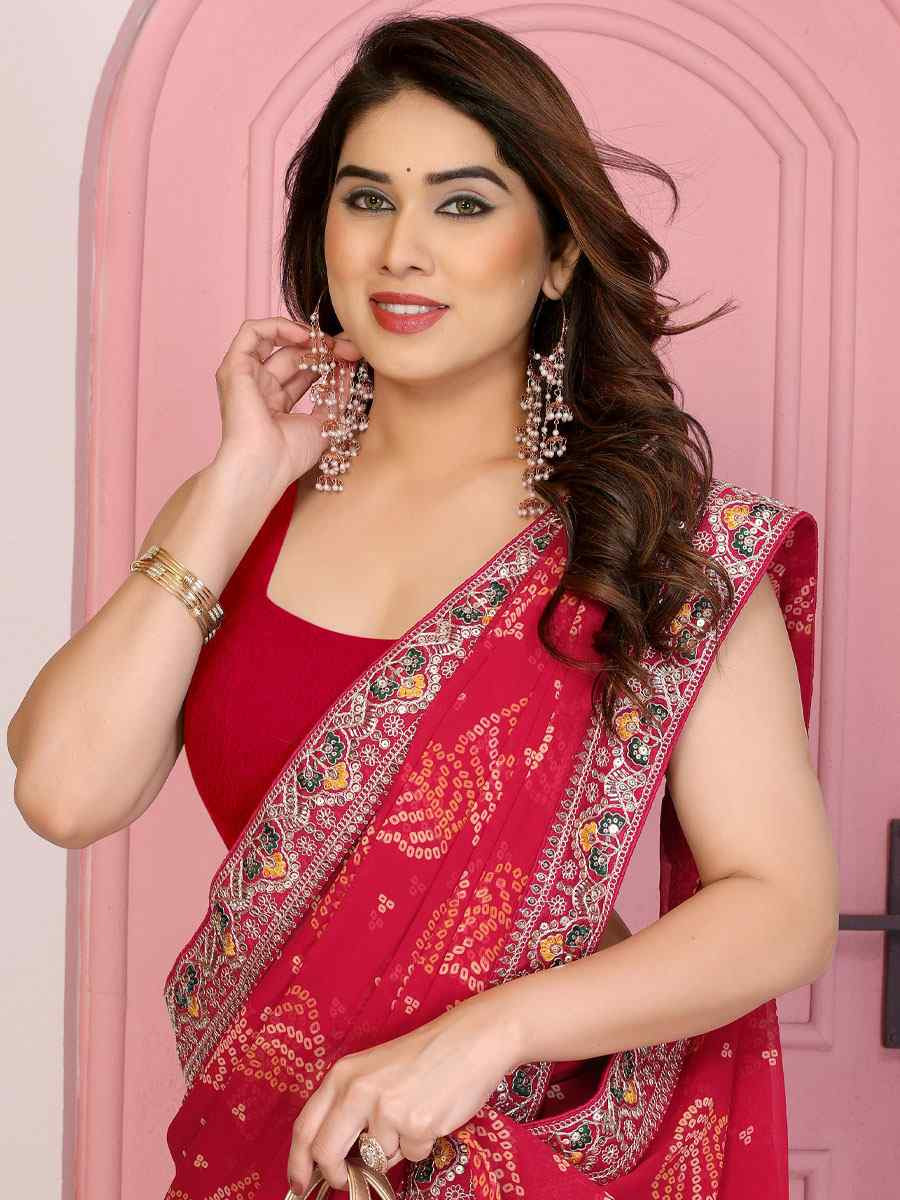 Pink Georgette Bhandej Print with Embroidery Party Bridal Reception Festival Wedding Fancy Heavy Border Saree
