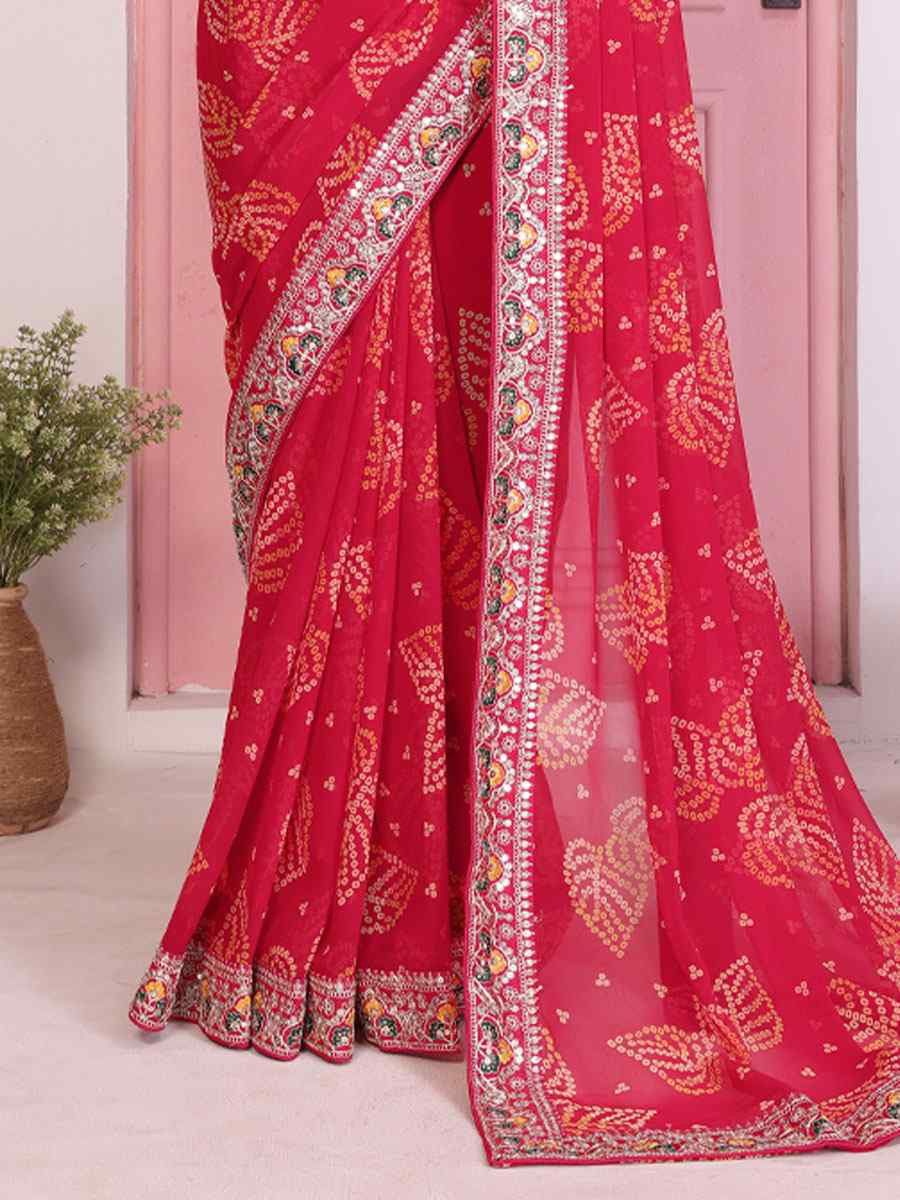 Pink Georgette Bhandej Print with Embroidery Party Bridal Reception Festival Wedding Fancy Heavy Border Saree