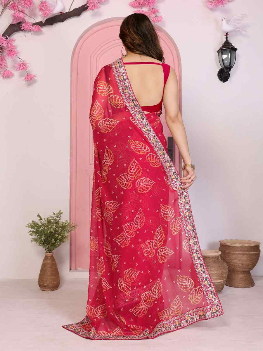 Pink Georgette Bhandej Print with Embroidery Party Bridal Reception Festival Wedding Fancy Heavy Border Saree