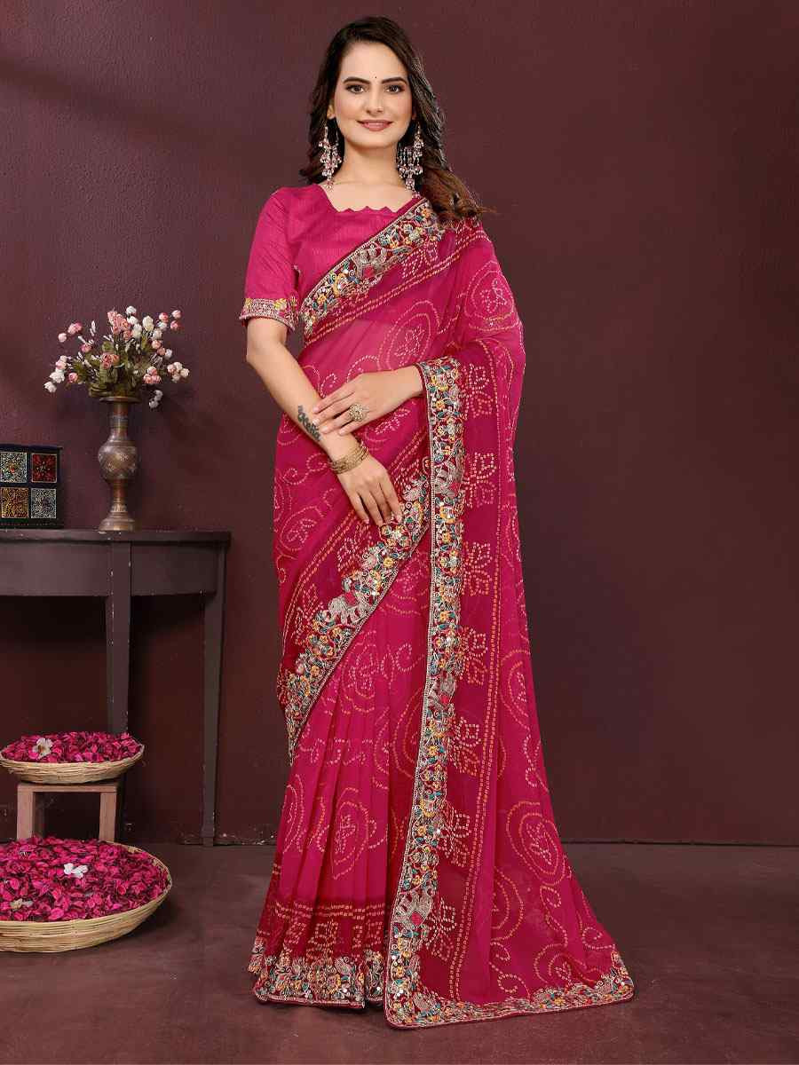 Pink Georgette Bhandej Print with Embroidery Party Bridal Reception Festival Wedding Fancy Heavy Border Saree