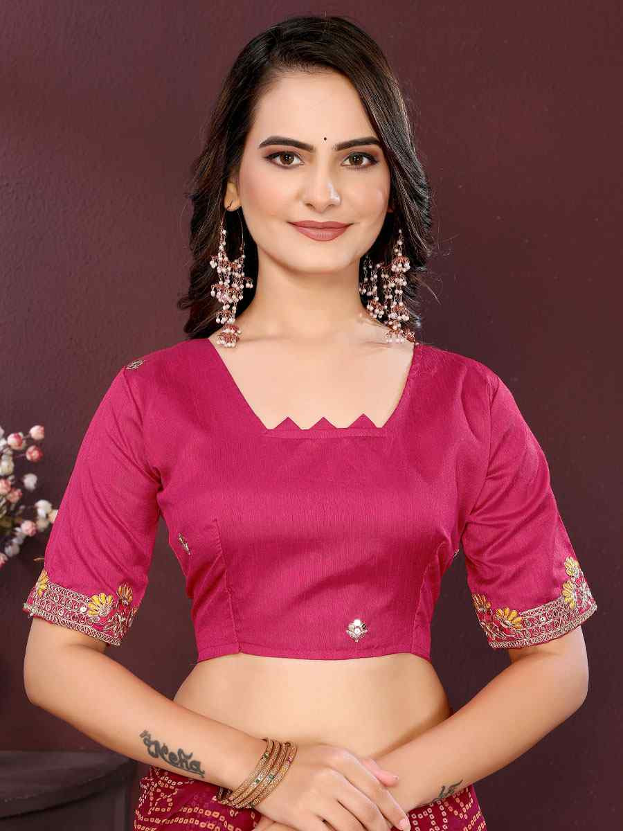 Pink Georgette Bhandej Print with Embroidery Party Bridal Reception Festival Wedding Fancy Heavy Border Saree