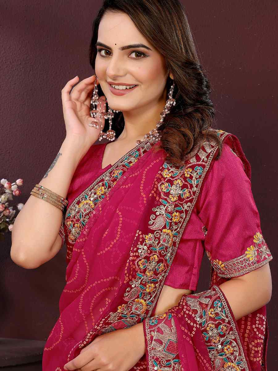 Pink Georgette Bhandej Print with Embroidery Party Bridal Reception Festival Wedding Fancy Heavy Border Saree