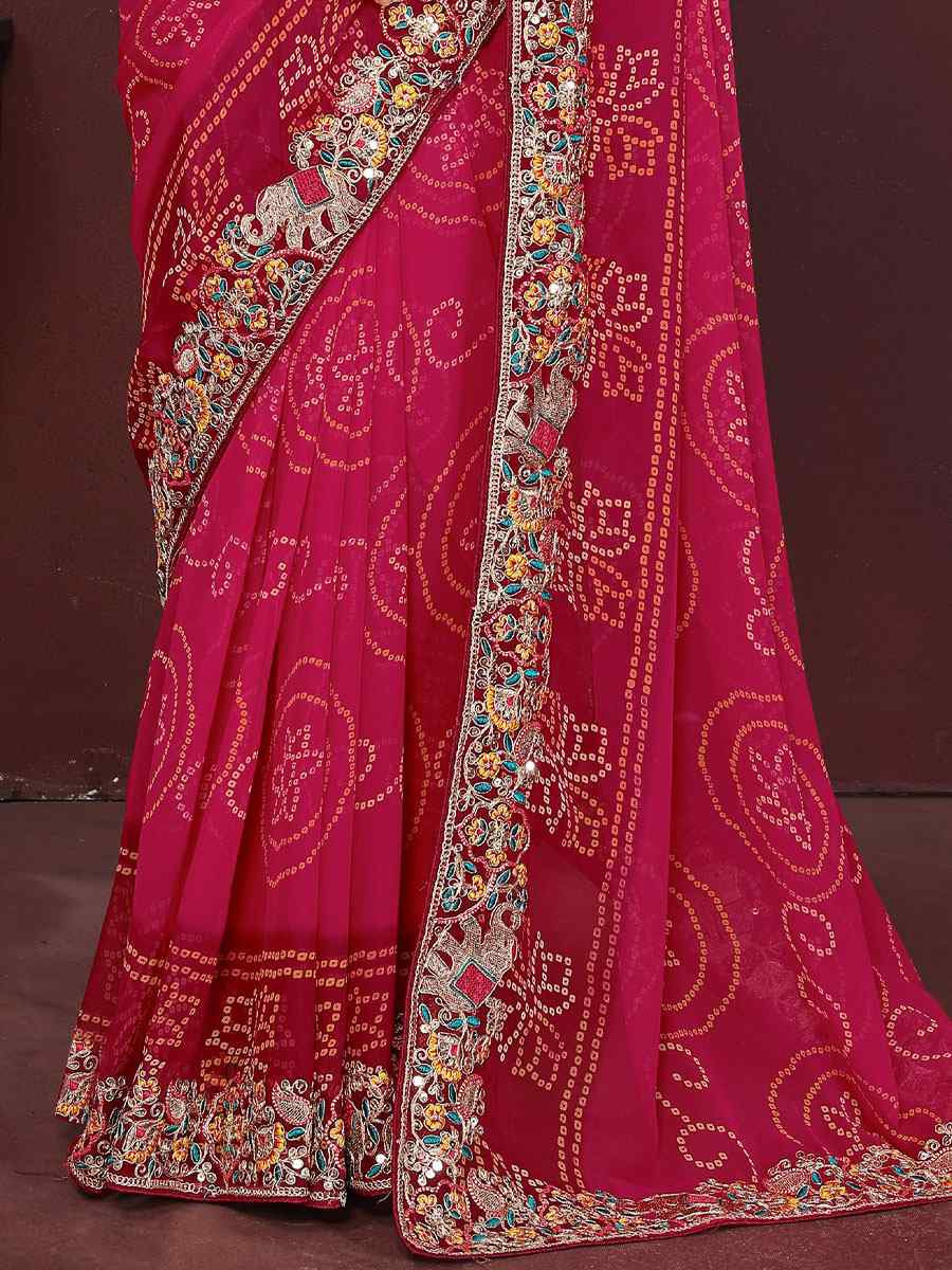 Pink Georgette Bhandej Print with Embroidery Party Bridal Reception Festival Wedding Fancy Heavy Border Saree