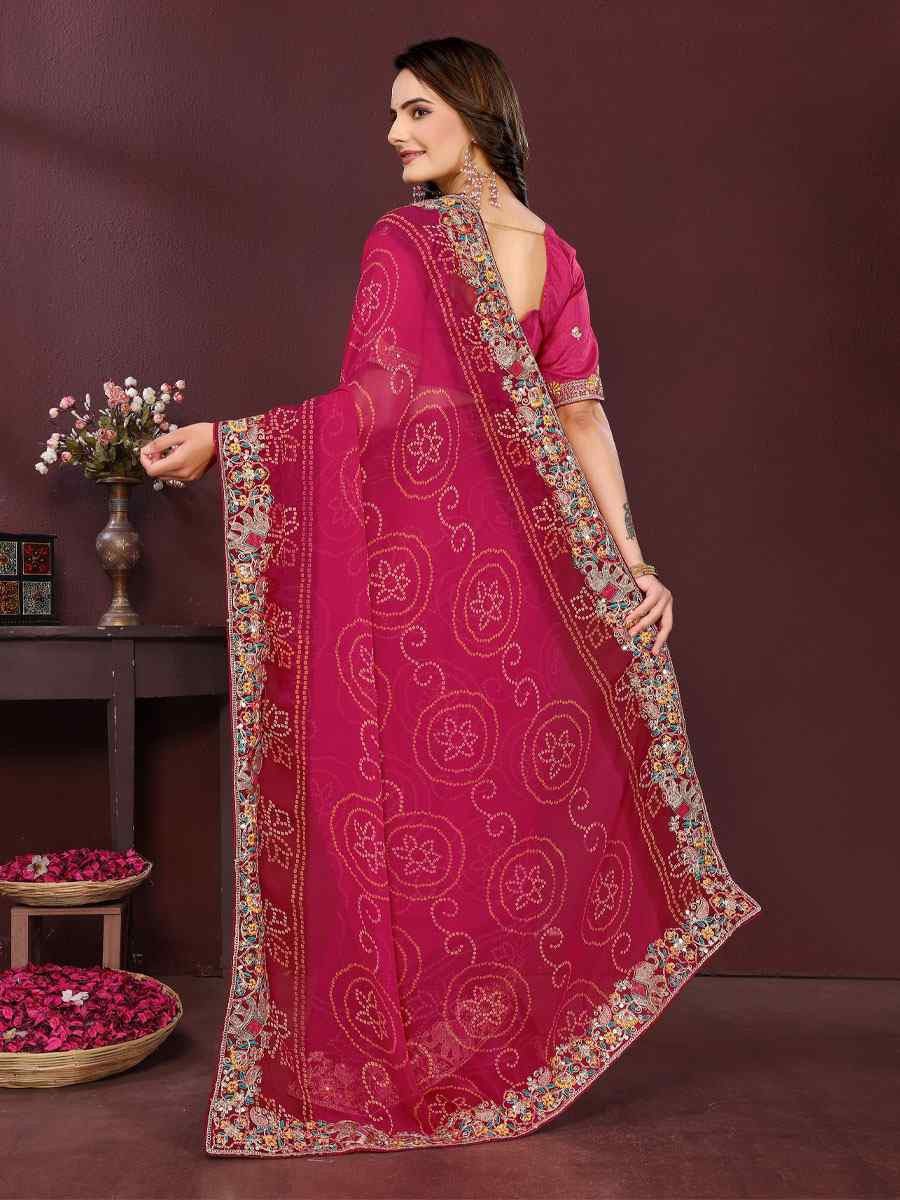 Pink Georgette Bhandej Print with Embroidery Party Bridal Reception Festival Wedding Fancy Heavy Border Saree