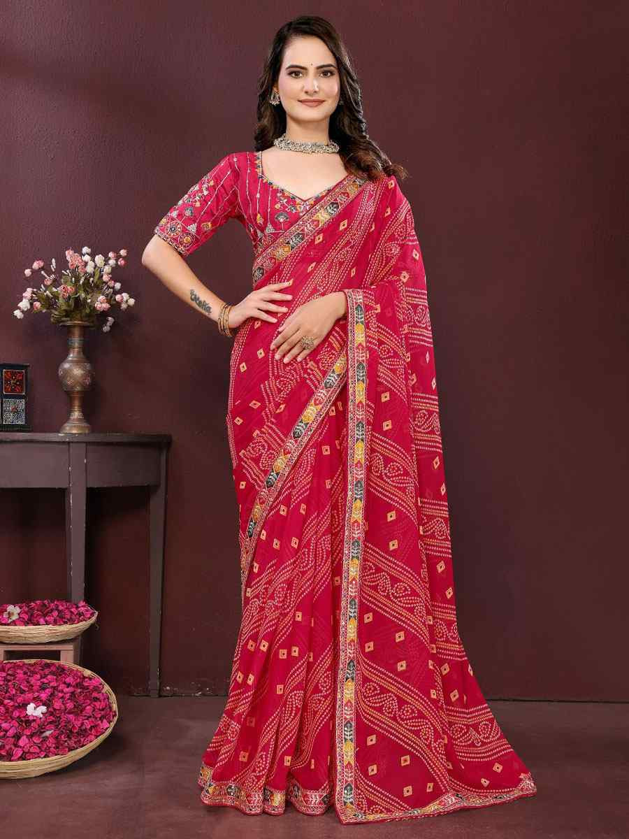 Pink Georgette Bhandej Printed Embroidery Traditional Festival Reception Festival Wedding Fancy Heavy Border Saree