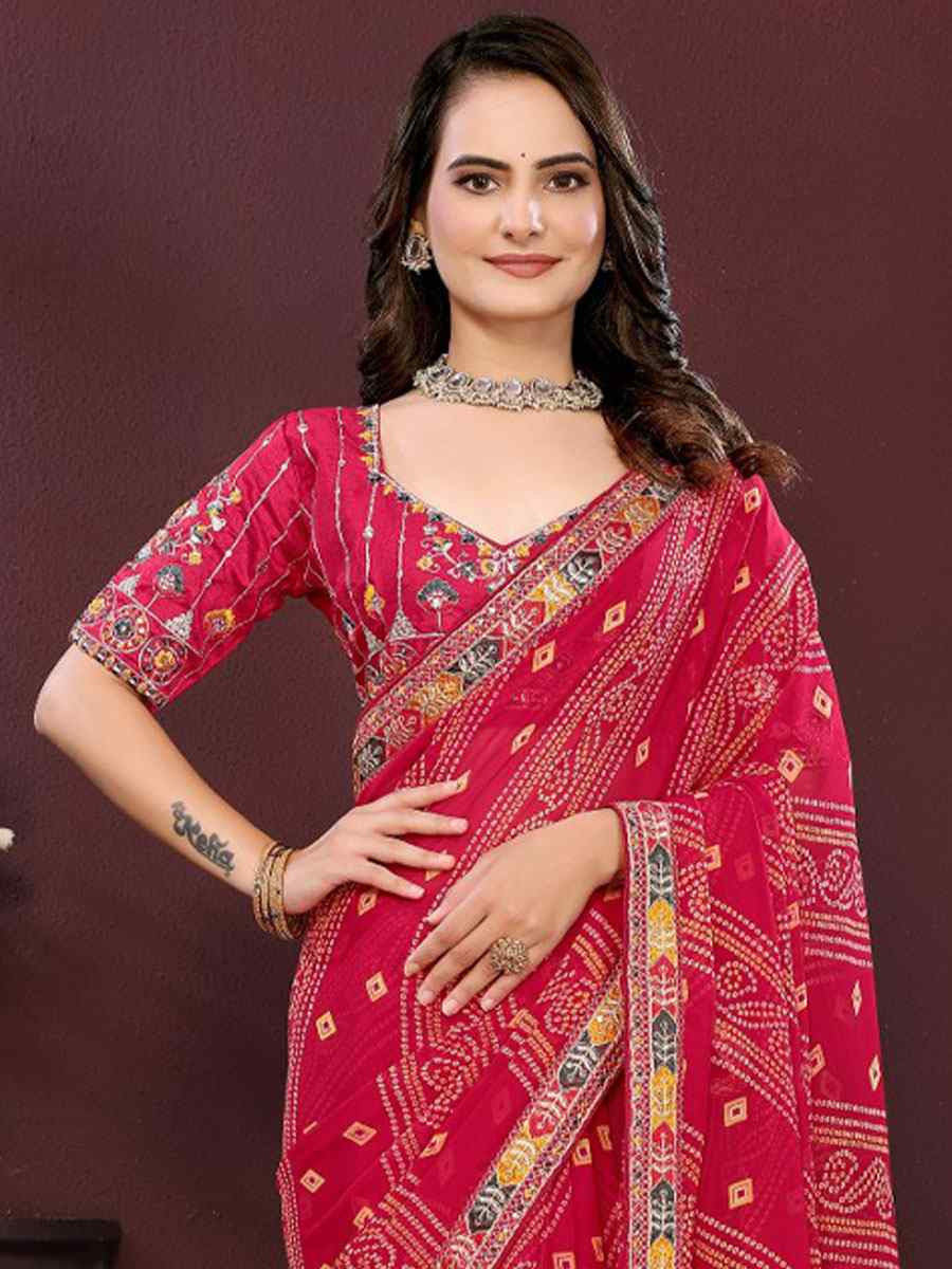 Pink Georgette Bhandej Printed Embroidery Traditional Festival Reception Festival Wedding Fancy Heavy Border Saree