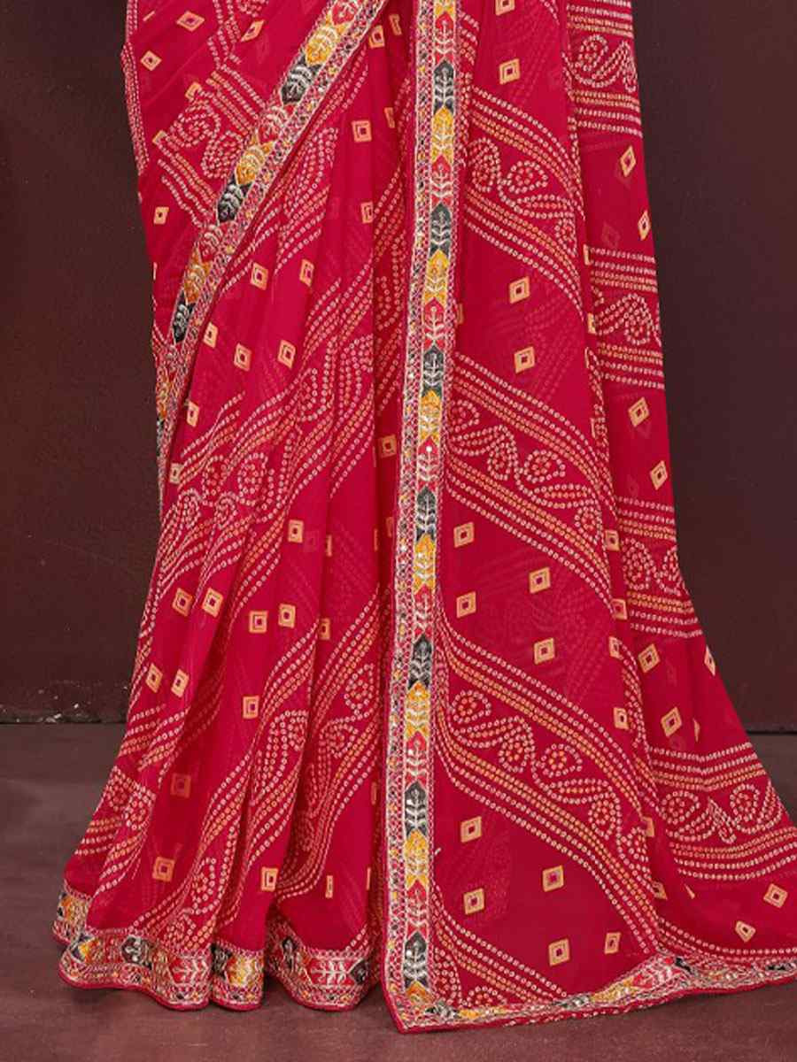 Pink Georgette Bhandej Printed Embroidery Traditional Festival Reception Festival Wedding Fancy Heavy Border Saree