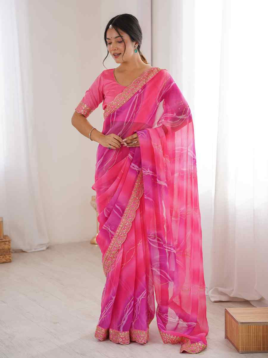Pink Georgette Chiffon Printed Sequins Embroidery Reception Festival Wedding Party Fancy Heavy Border Sarees