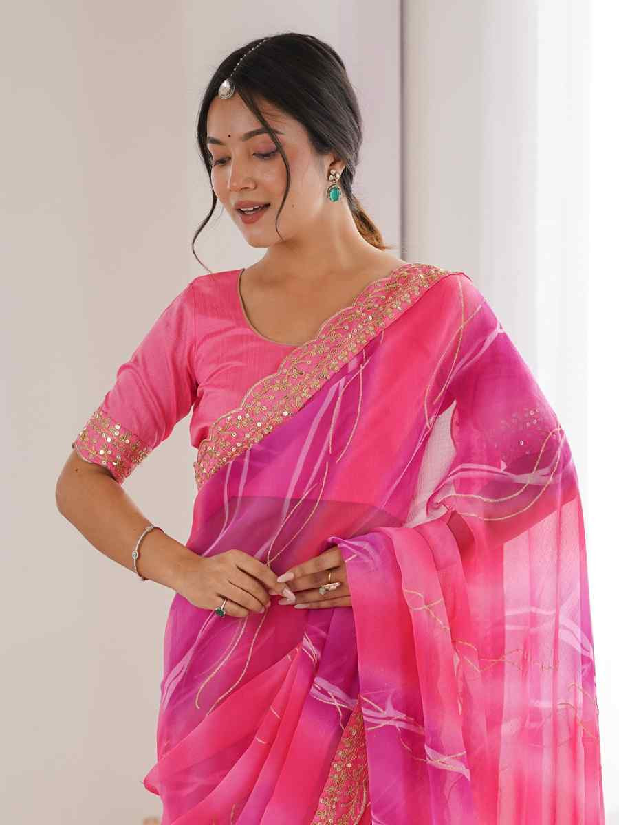 Pink Georgette Chiffon Printed Sequins Embroidery Reception Festival Wedding Party Fancy Heavy Border Sarees