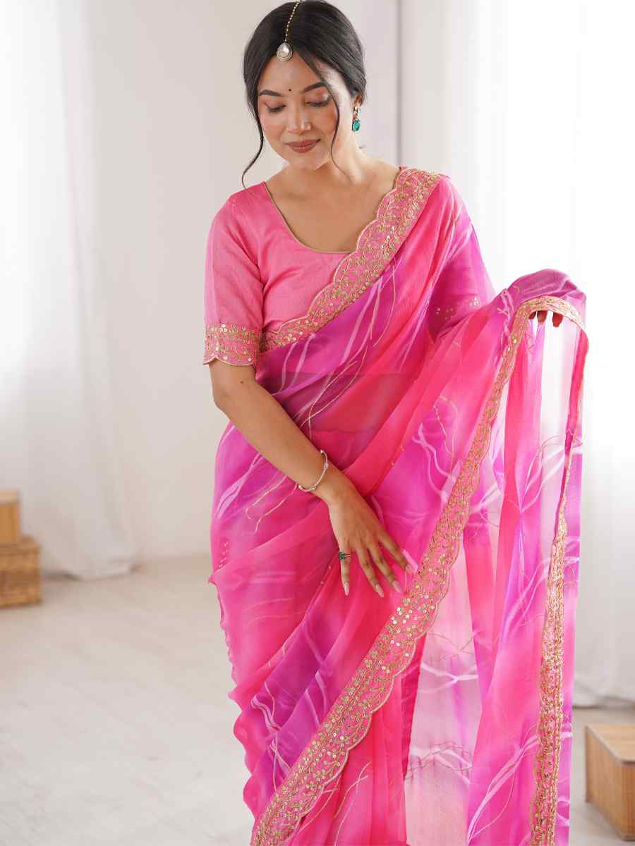 Pink Georgette Chiffon Printed Sequins Embroidery Reception Festival Wedding Party Fancy Heavy Border Sarees