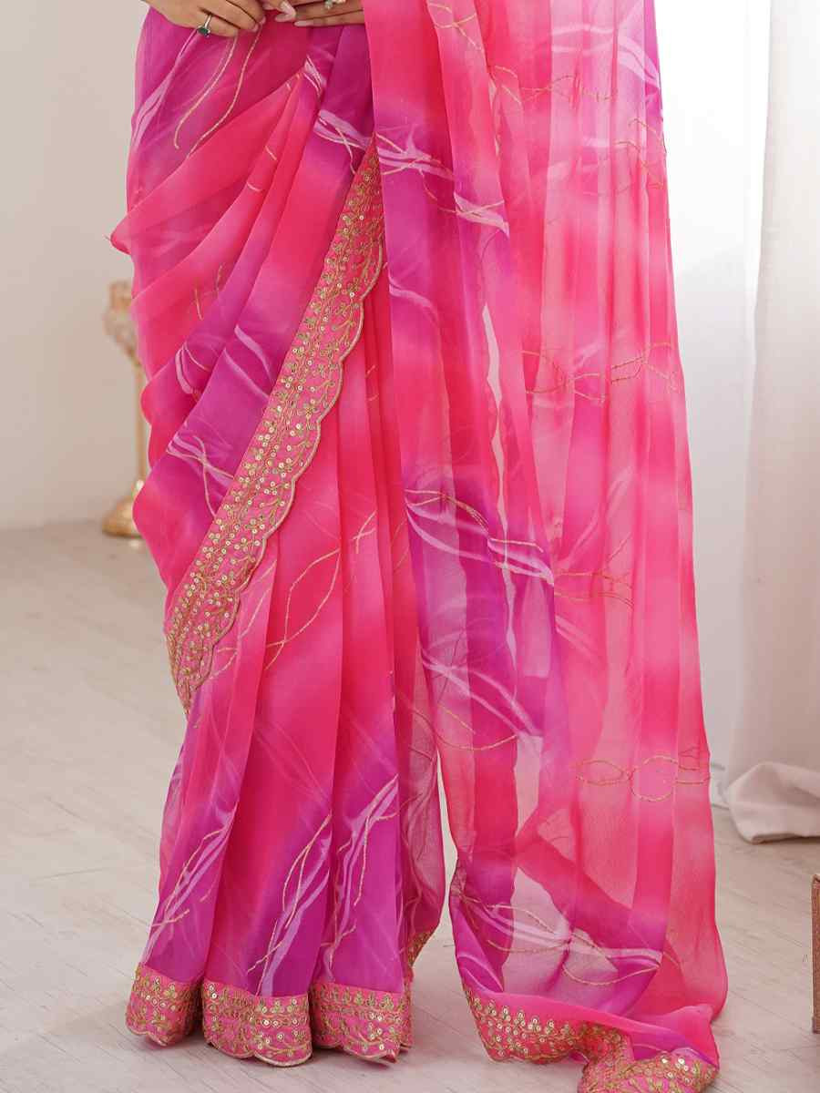 Pink Georgette Chiffon Printed Sequins Embroidery Reception Festival Wedding Party Fancy Heavy Border Sarees