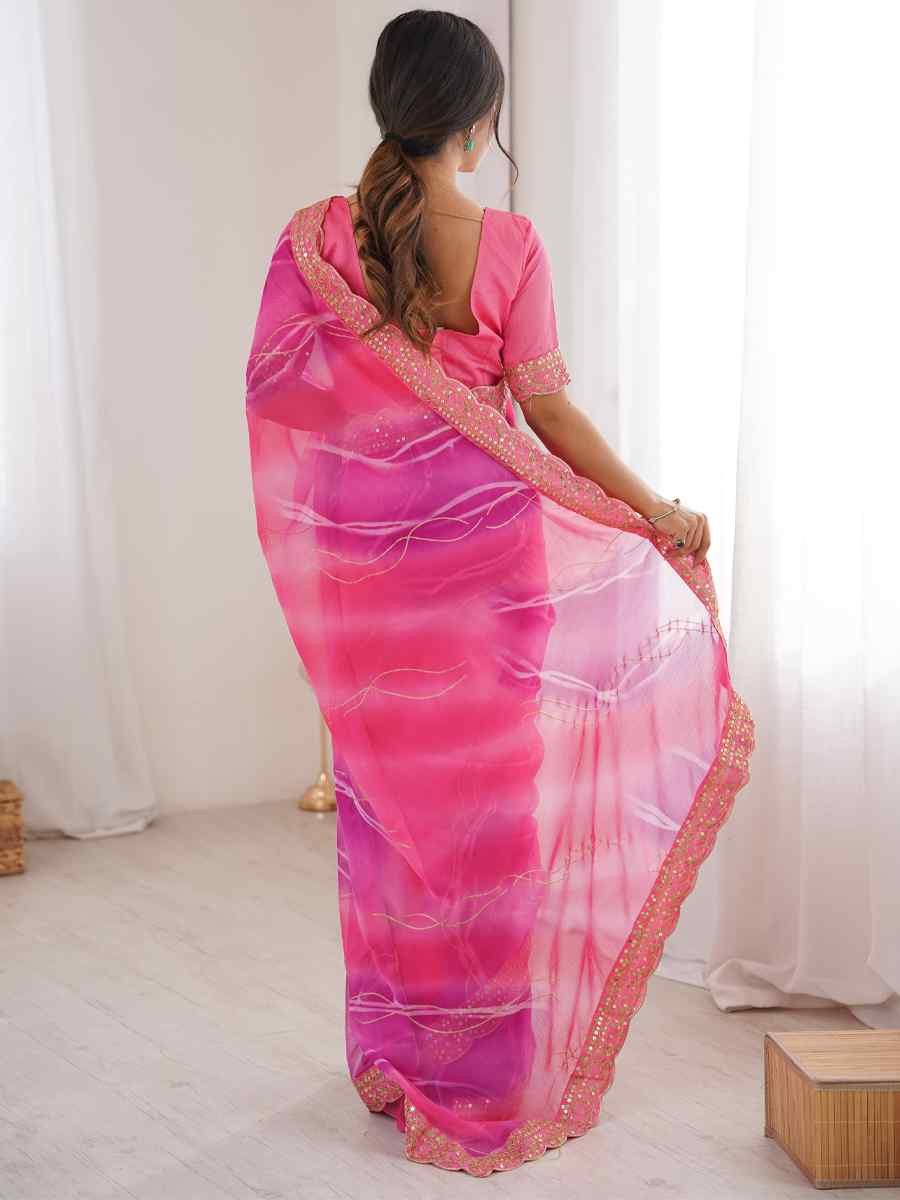 Pink Georgette Chiffon Printed Sequins Embroidery Reception Festival Wedding Party Fancy Heavy Border Sarees