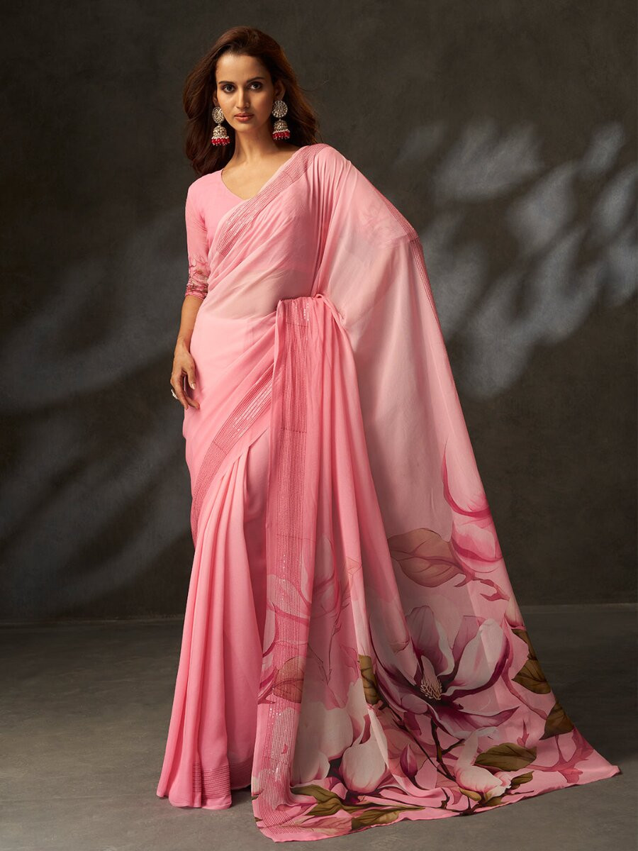 Pink Georgette Digital Printed Wedding Reception Party Festival Casual Heavy Border Sarees