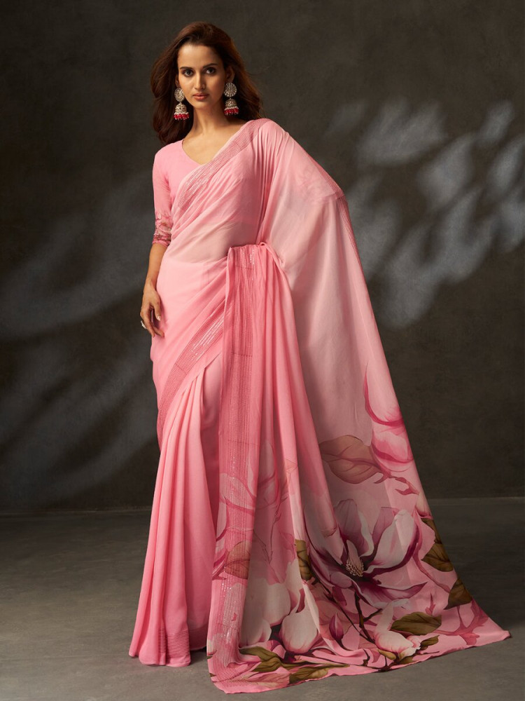 Image of Pink Georgette Digital Printed Wedding Reception Party Festival Casual Heavy Border Sarees