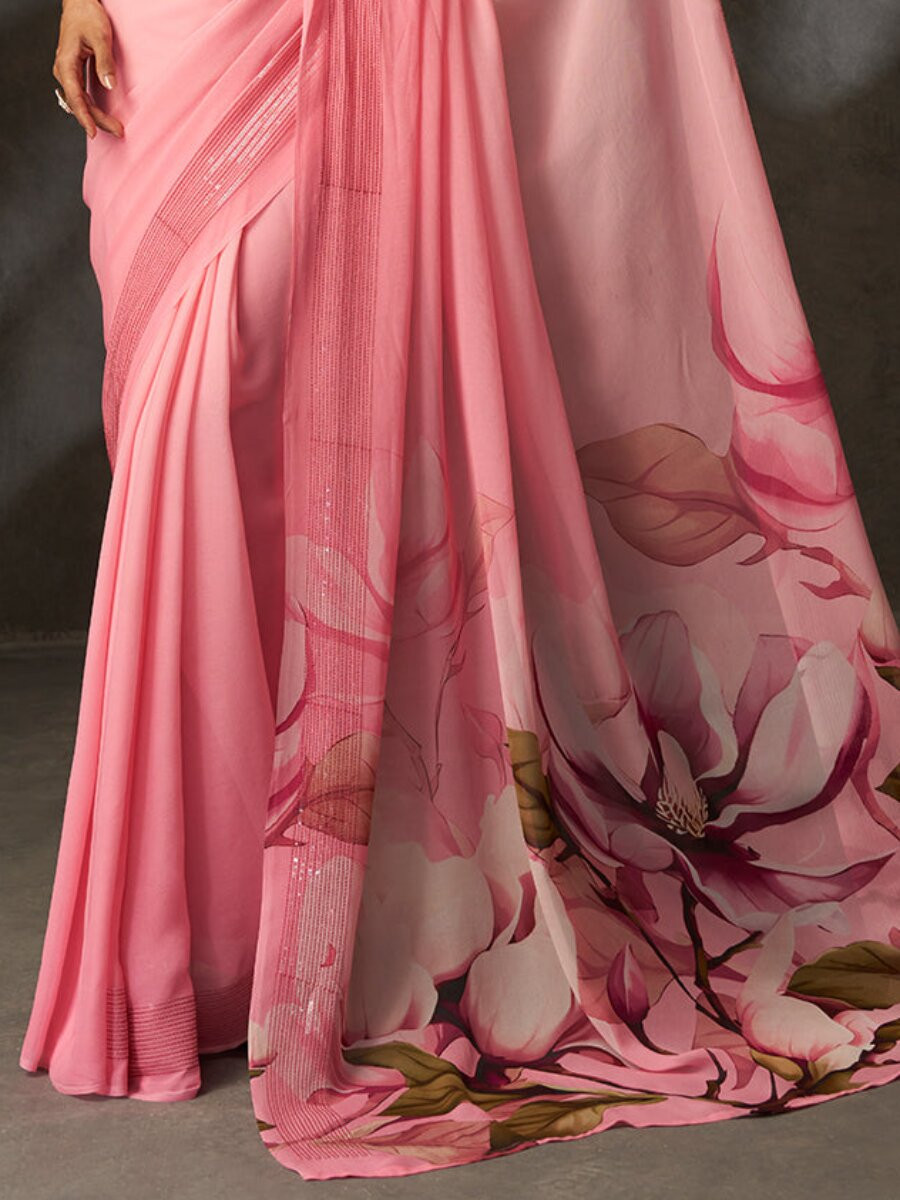 Pink Georgette Digital Printed Wedding Reception Party Festival Casual Heavy Border Sarees