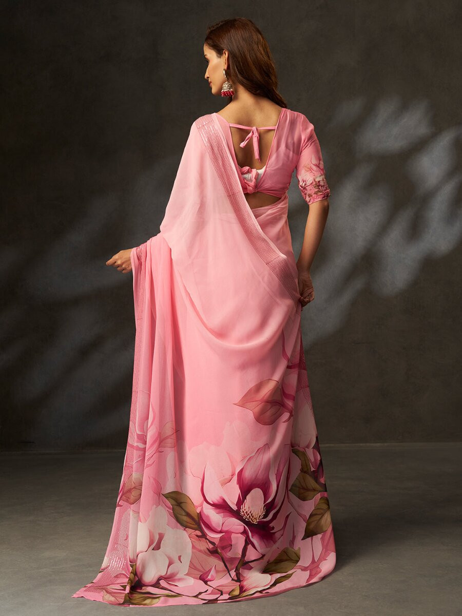 Pink Georgette Digital Printed Wedding Reception Party Festival Casual Heavy Border Sarees