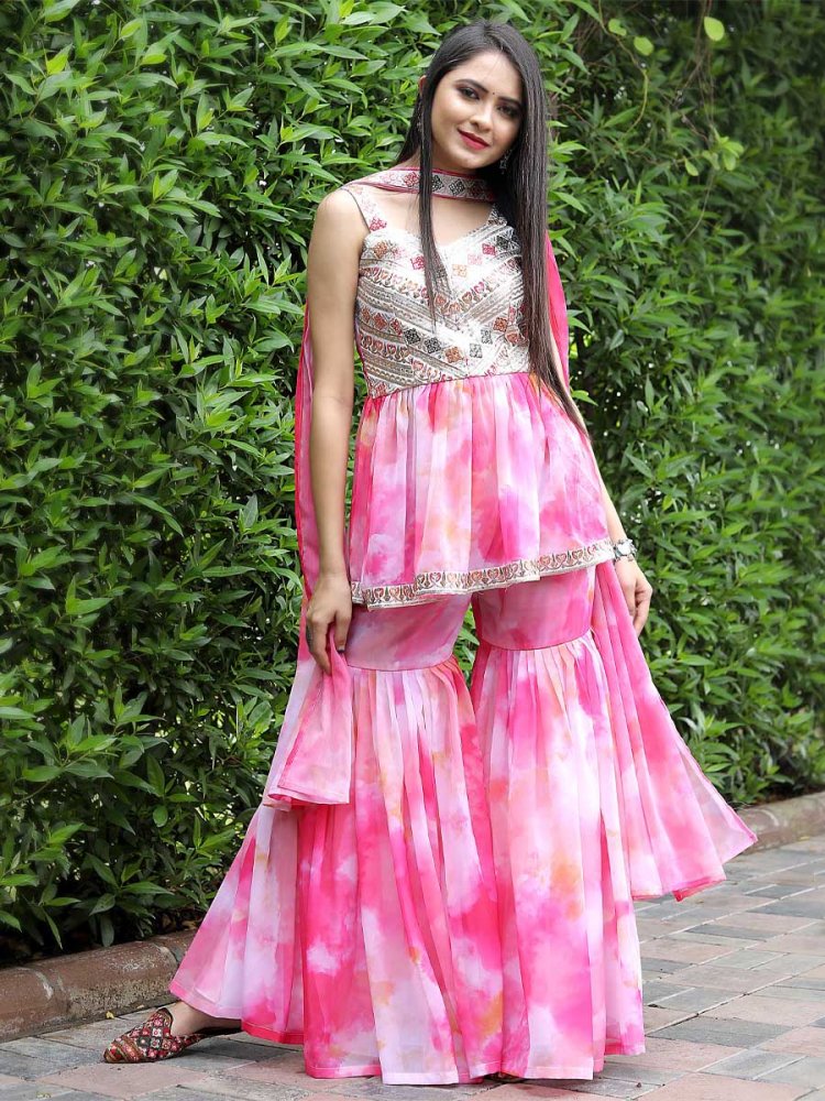 Pink Georgette Embroiderd Festival Casual Ready Sharara Pant Salwar Kameez