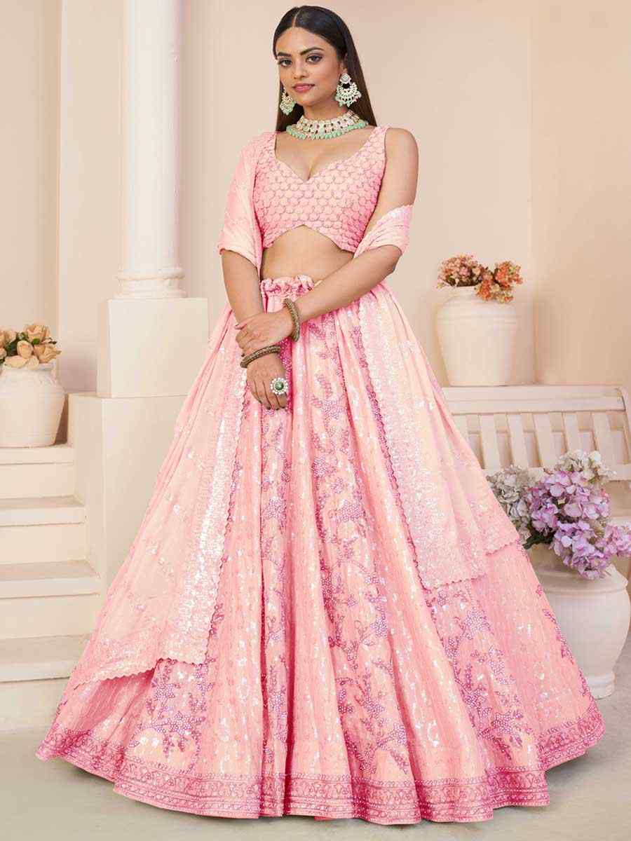 Pink Georgette Embroidered Bridal Reception Heavy Border Lehenga Choli