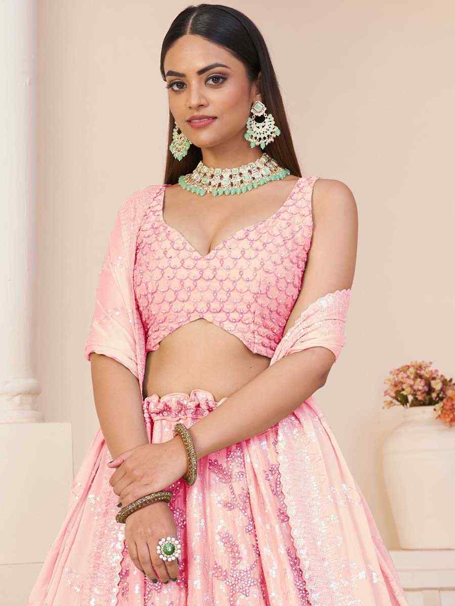 Pink Georgette Embroidered Bridal Reception Heavy Border Lehenga Choli