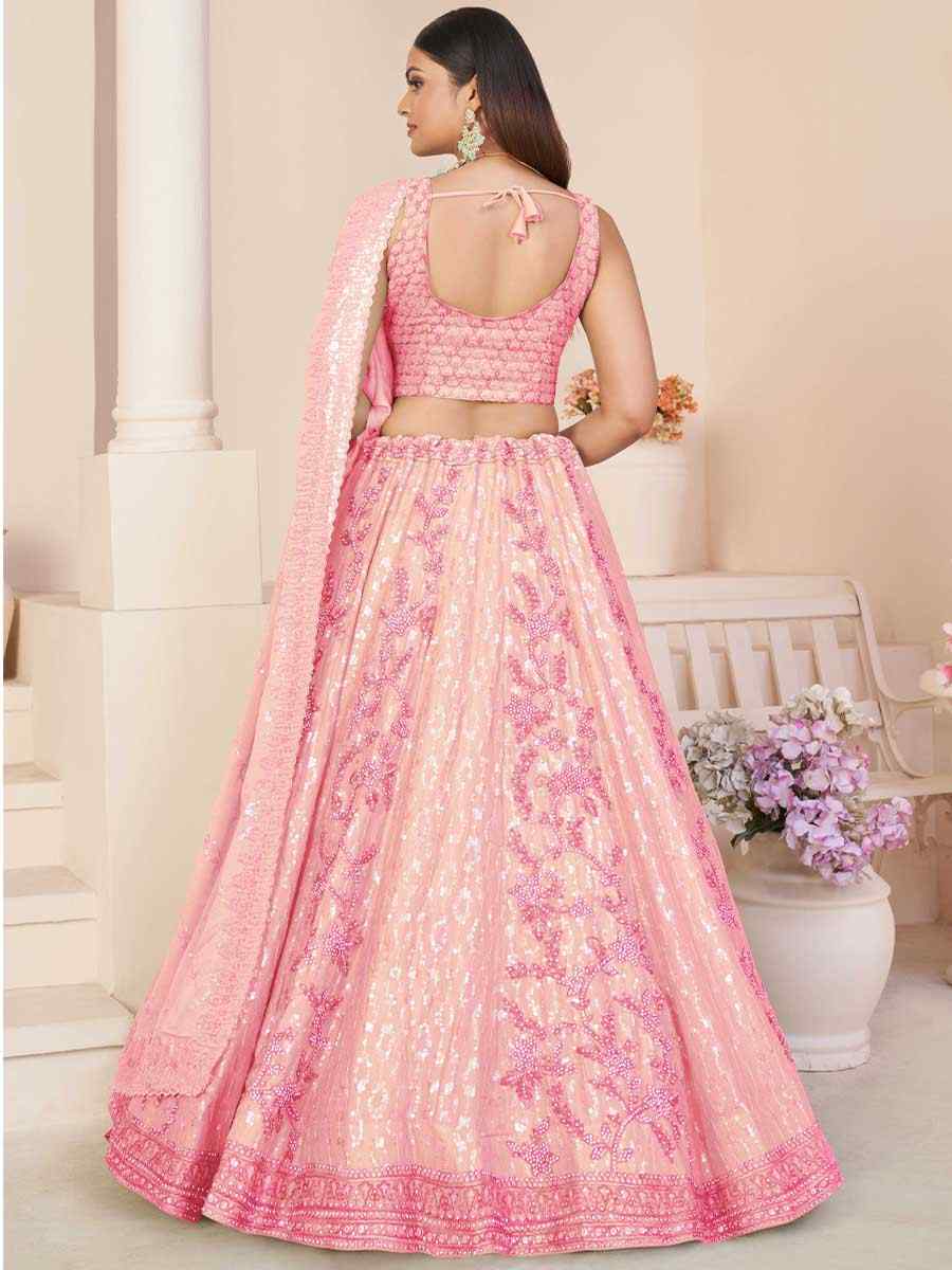 Pink Georgette Embroidered Bridal Reception Heavy Border Lehenga Choli