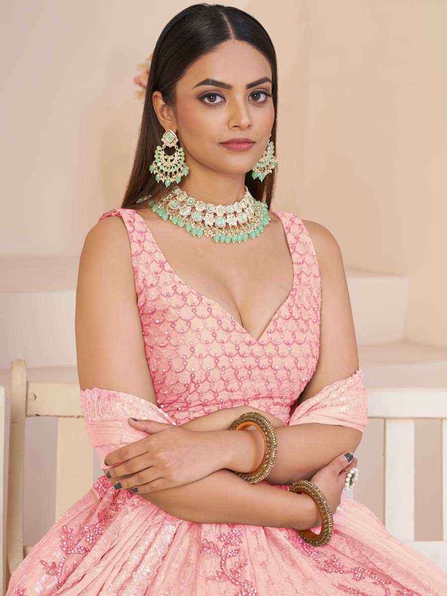 Pink Georgette Embroidered Bridal Reception Heavy Border Lehenga Choli