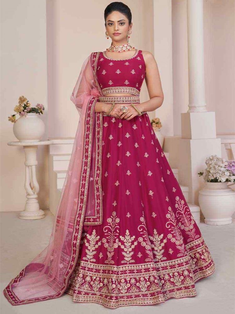 Pink Georgette Embroidered Bridal Reception Heavy Border Lehenga Choli