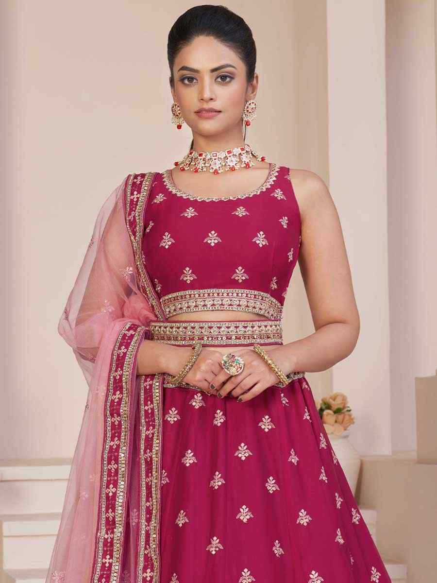Pink Georgette Embroidered Bridal Reception Heavy Border Lehenga Choli