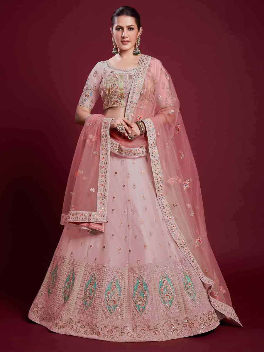 Pink Georgette Embroidered Bridal Wedding Heavy Border Lehenga Choli