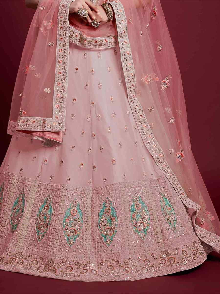 Pink Georgette Embroidered Bridal Wedding Heavy Border Lehenga Choli
