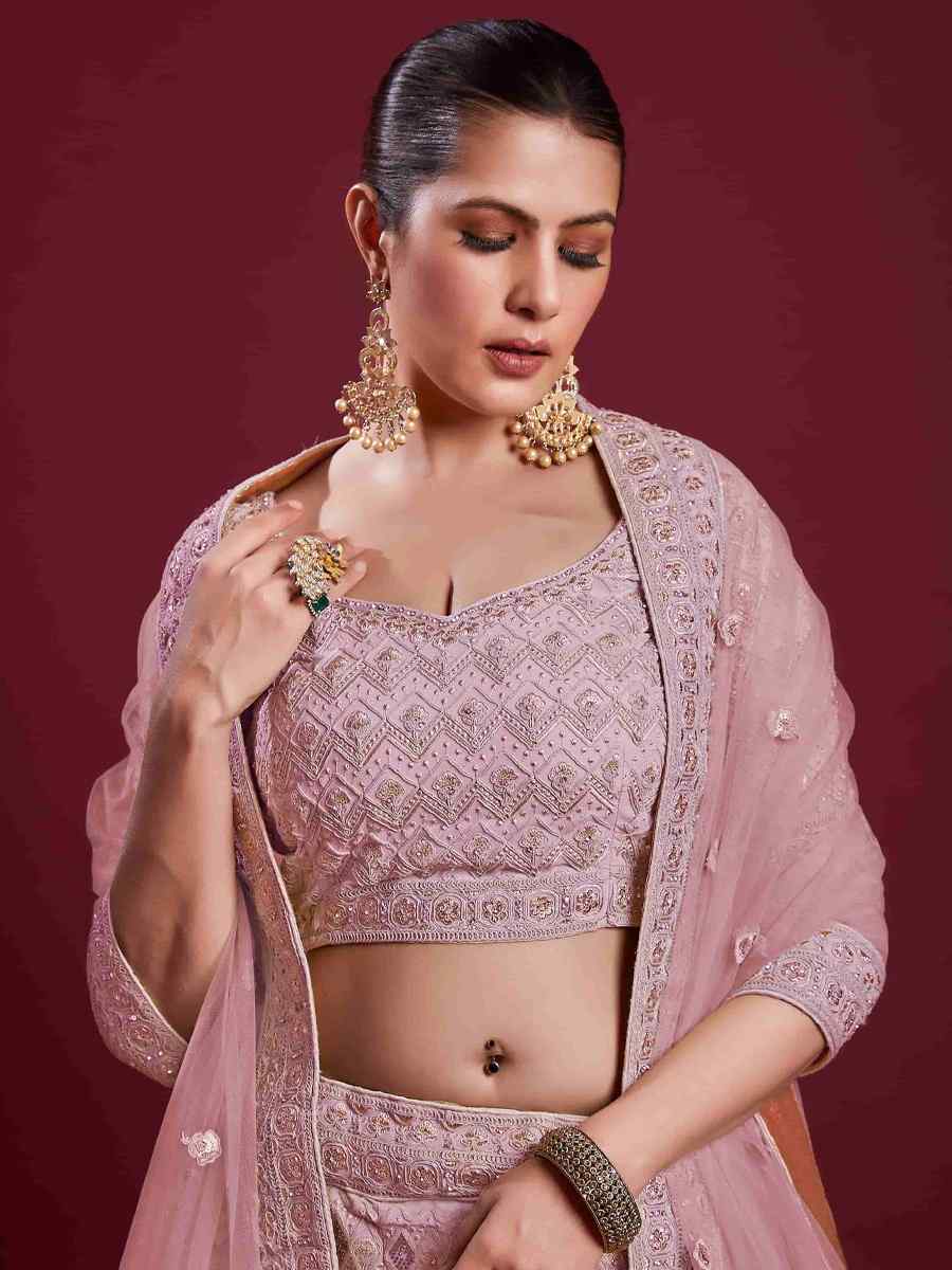 Pink Georgette Embroidered Bridal Wedding Heavy Border Lehenga Choli