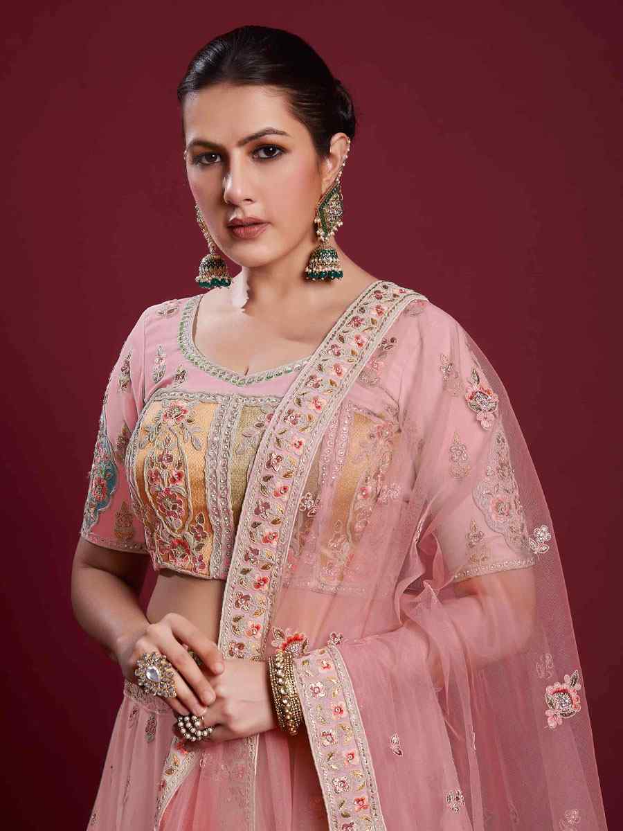 Pink Georgette Embroidered Bridal Wedding Heavy Border Lehenga Choli
