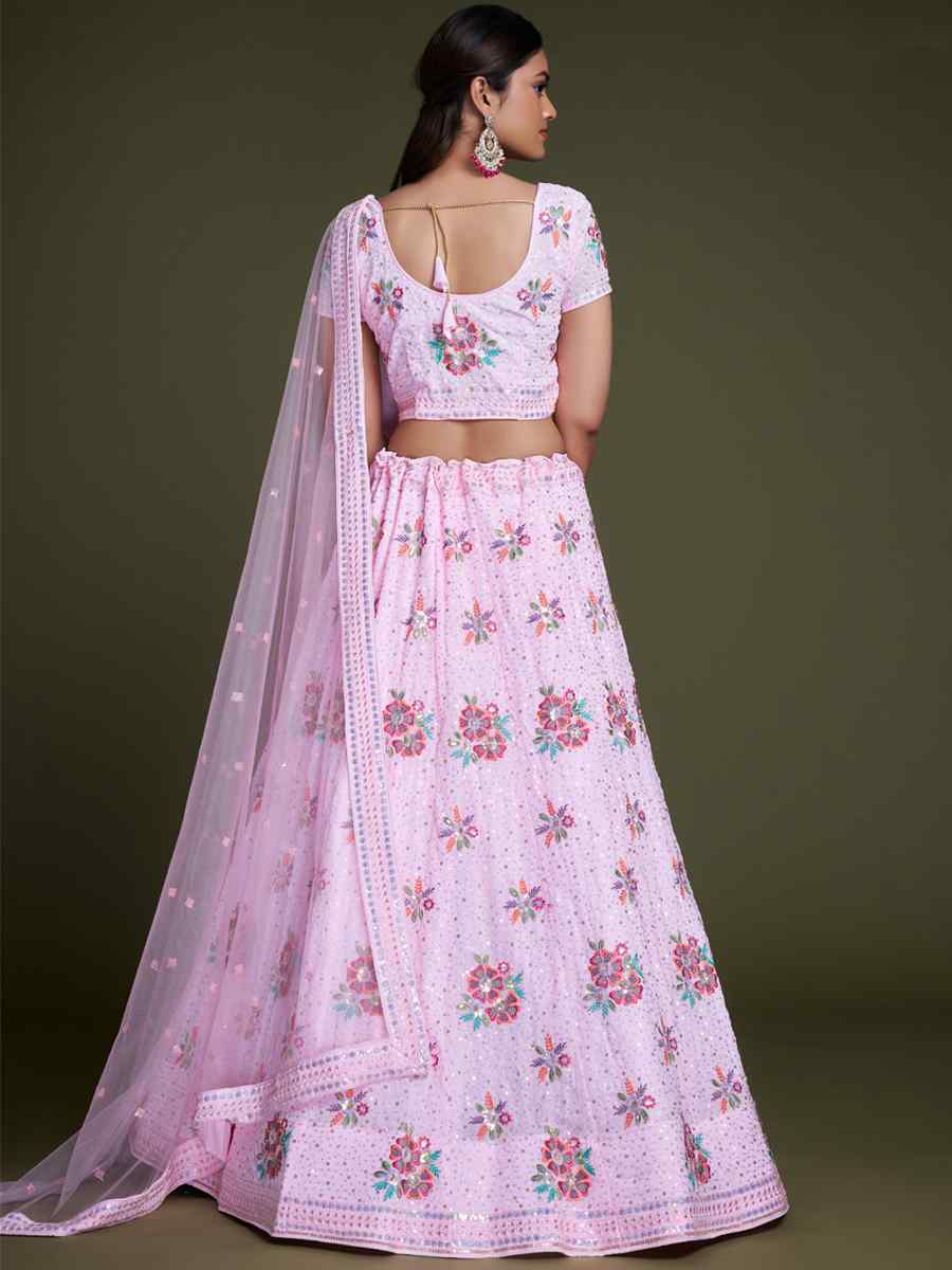 Pink Georgette Embroidered Bridesmaid Reception Heavy Border Lehenga Choli