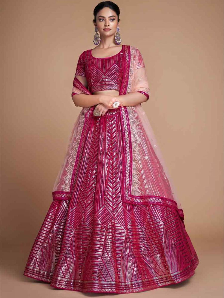 Pink Georgette Embroidered Bridesmaid Reception Heavy Border Lehenga Choli