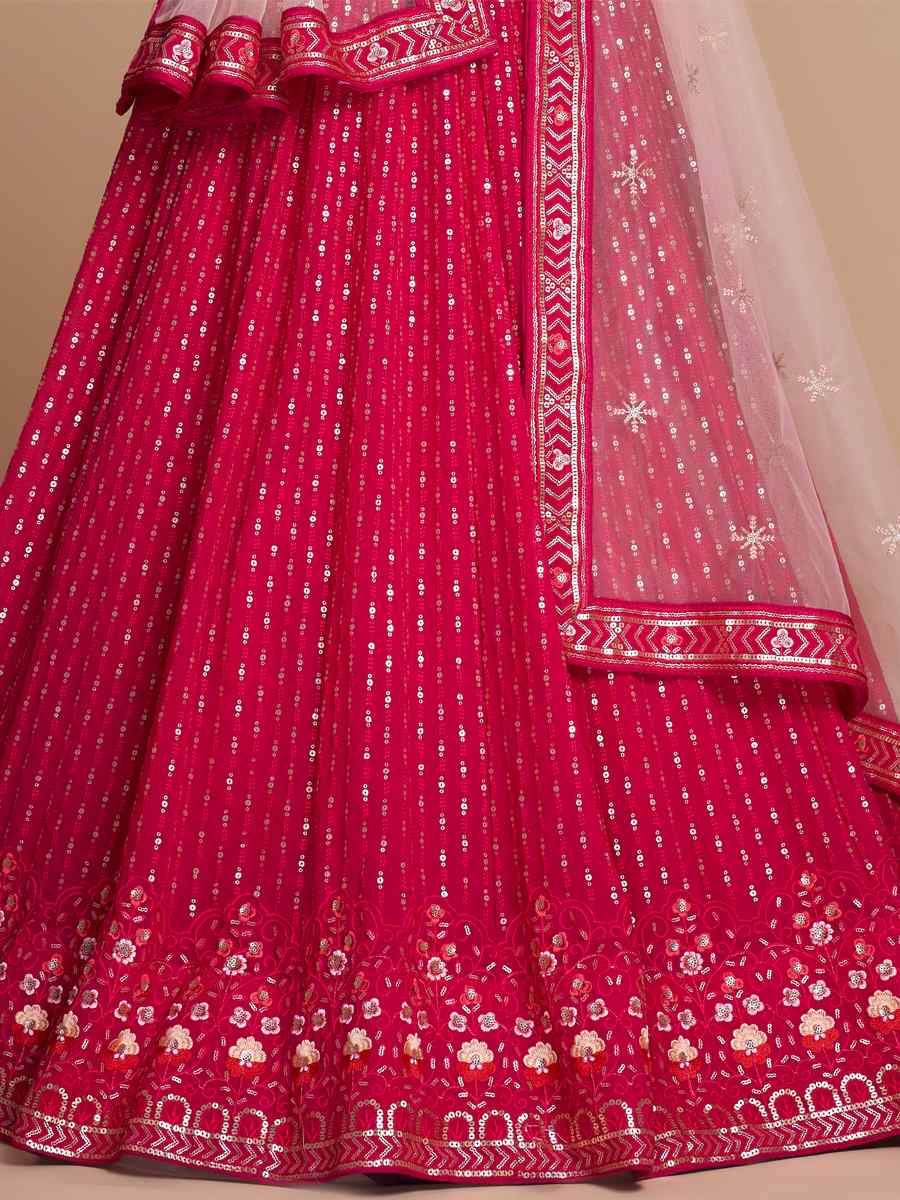 Pink Georgette Embroidered Bridesmaid Reception Heavy Border Lehenga Choli