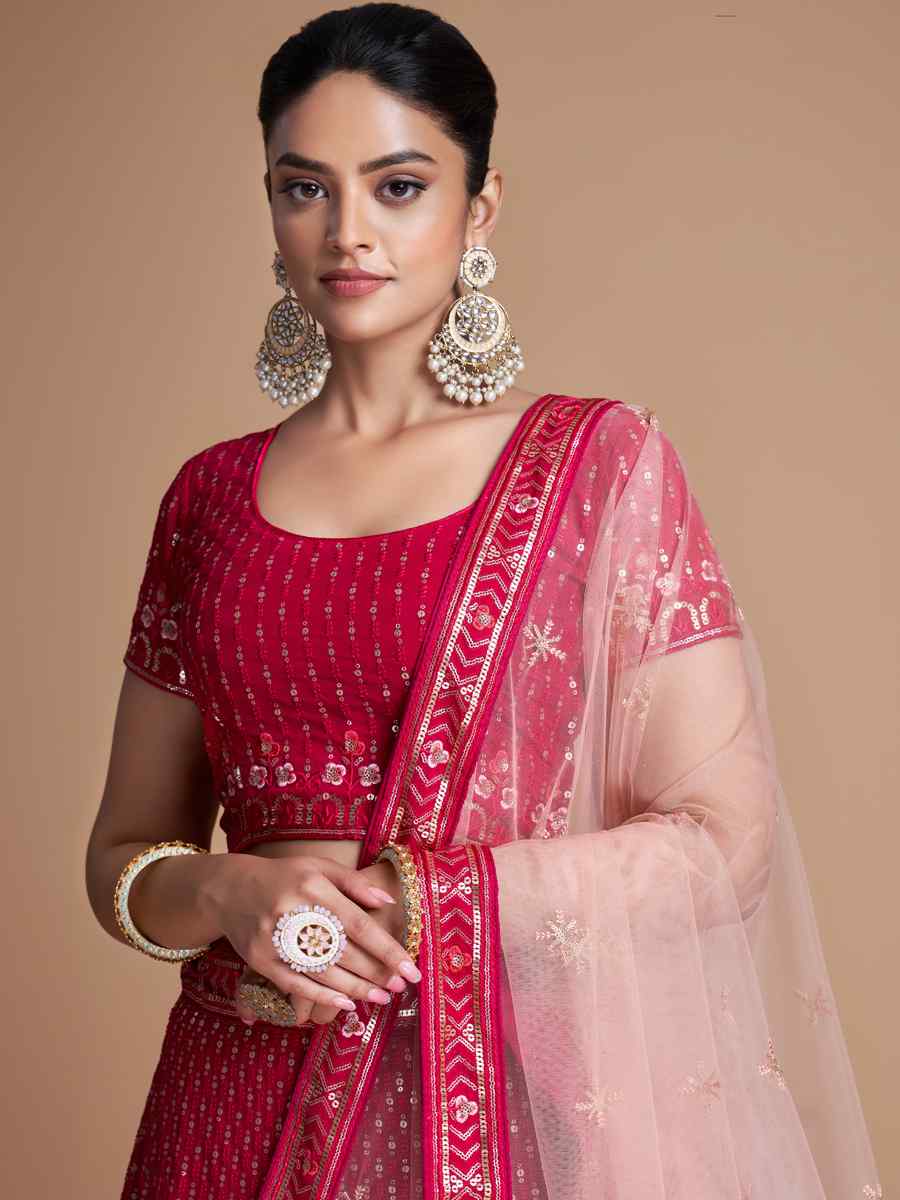 Pink Georgette Embroidered Bridesmaid Reception Heavy Border Lehenga Choli