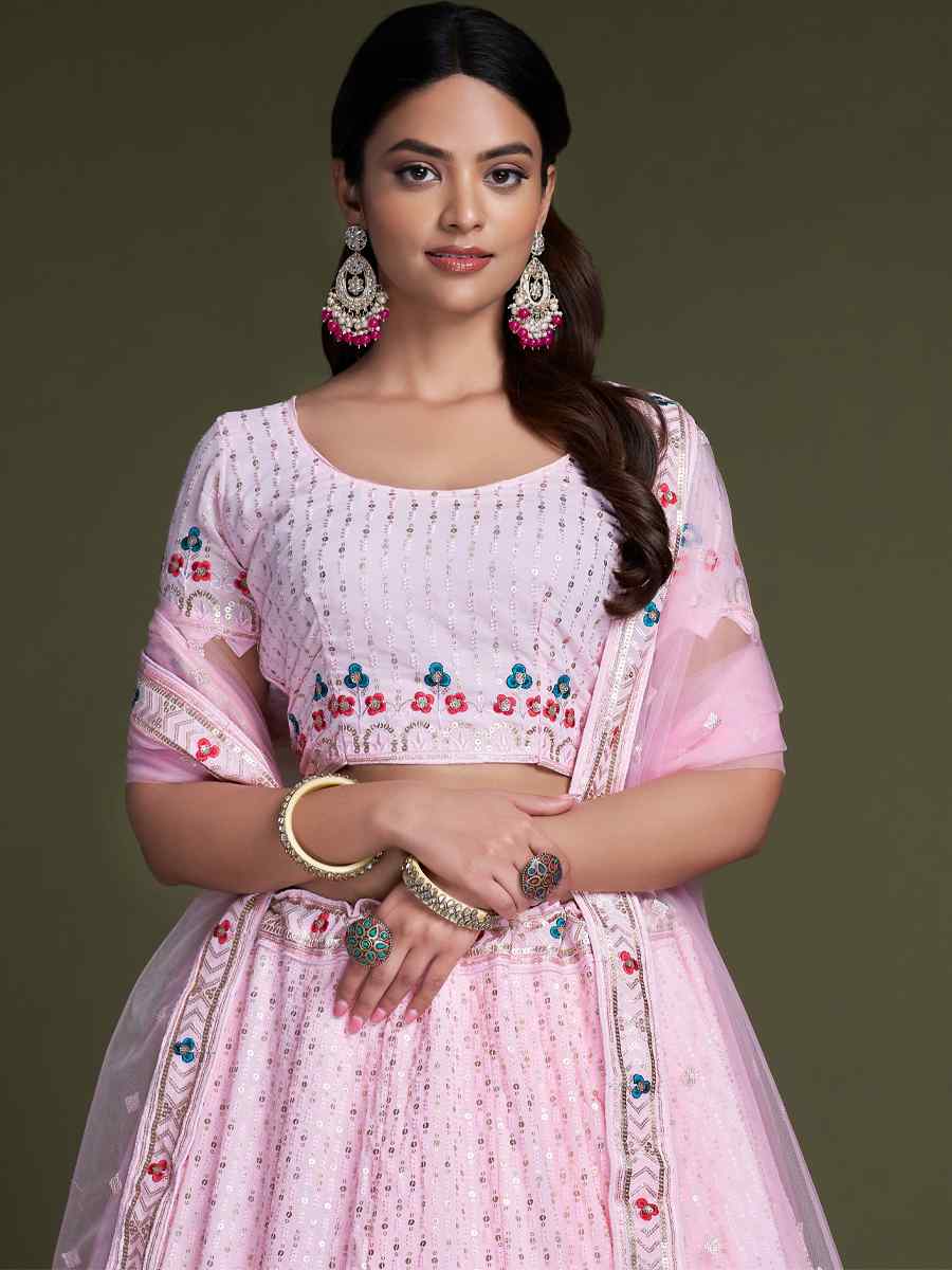 Pink Georgette Embroidered Bridesmaid Reception Heavy Border Lehenga Choli