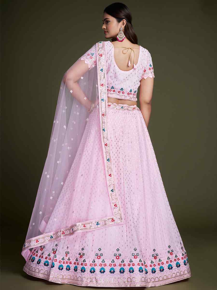 Pink Georgette Embroidered Bridesmaid Reception Heavy Border Lehenga Choli