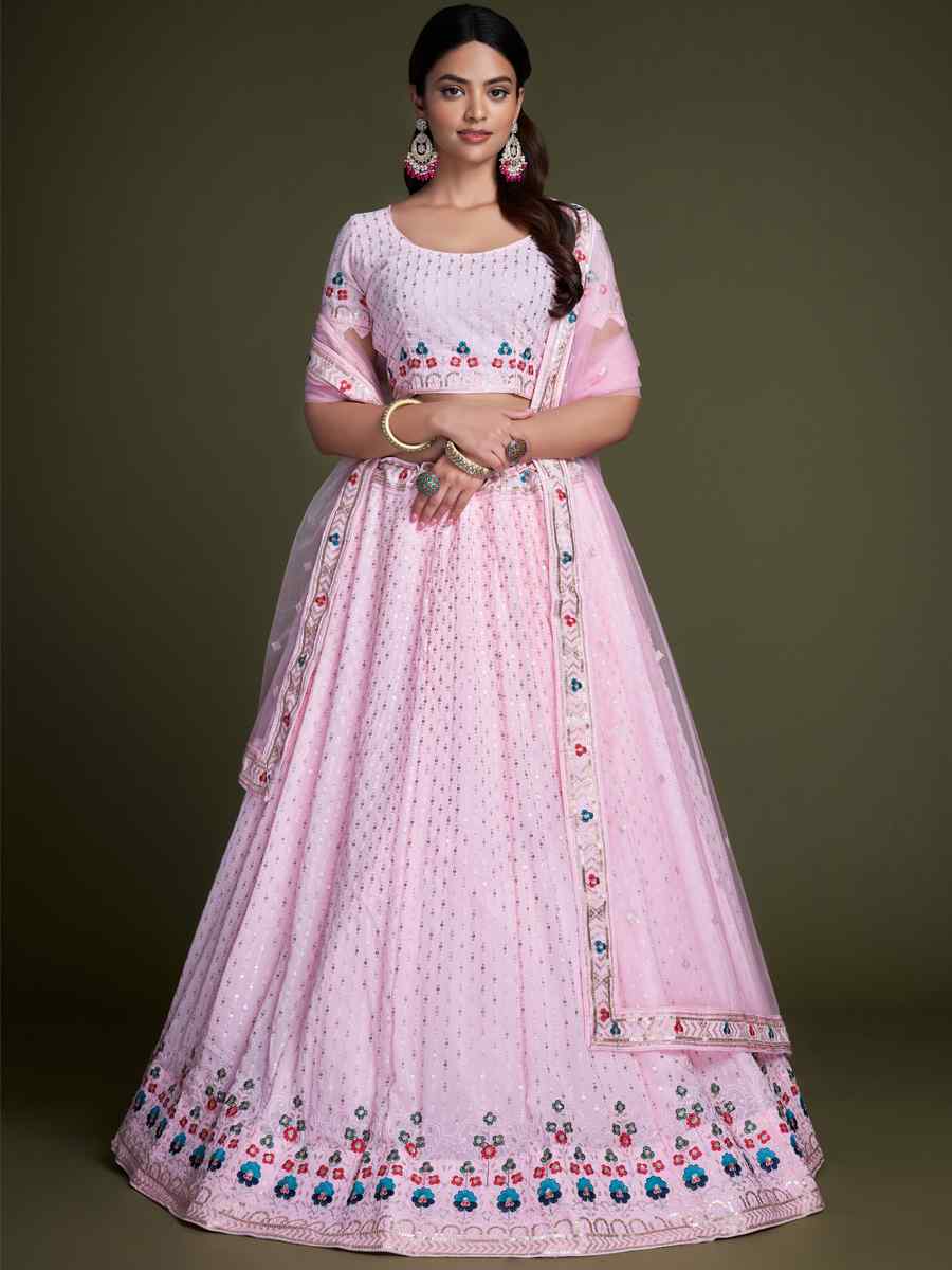 Pink Georgette Embroidered Bridesmaid Reception Heavy Border Lehenga Choli