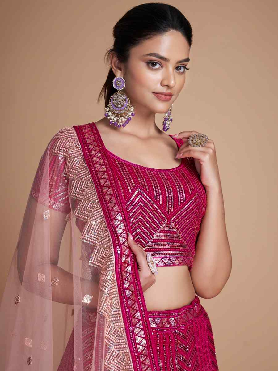 Pink Georgette Embroidered Bridesmaid Reception Heavy Border Lehenga Choli