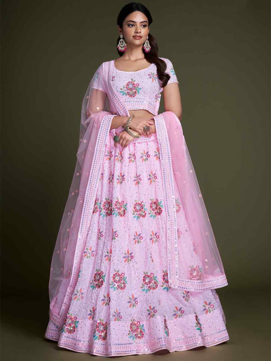 Pink Georgette Embroidered Bridesmaid Reception Heavy Border Lehenga Choli